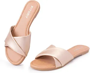 FITORY Women's Flat Sandals Fashion Slides With Soft Leather Slippers for Summer Size 6-11