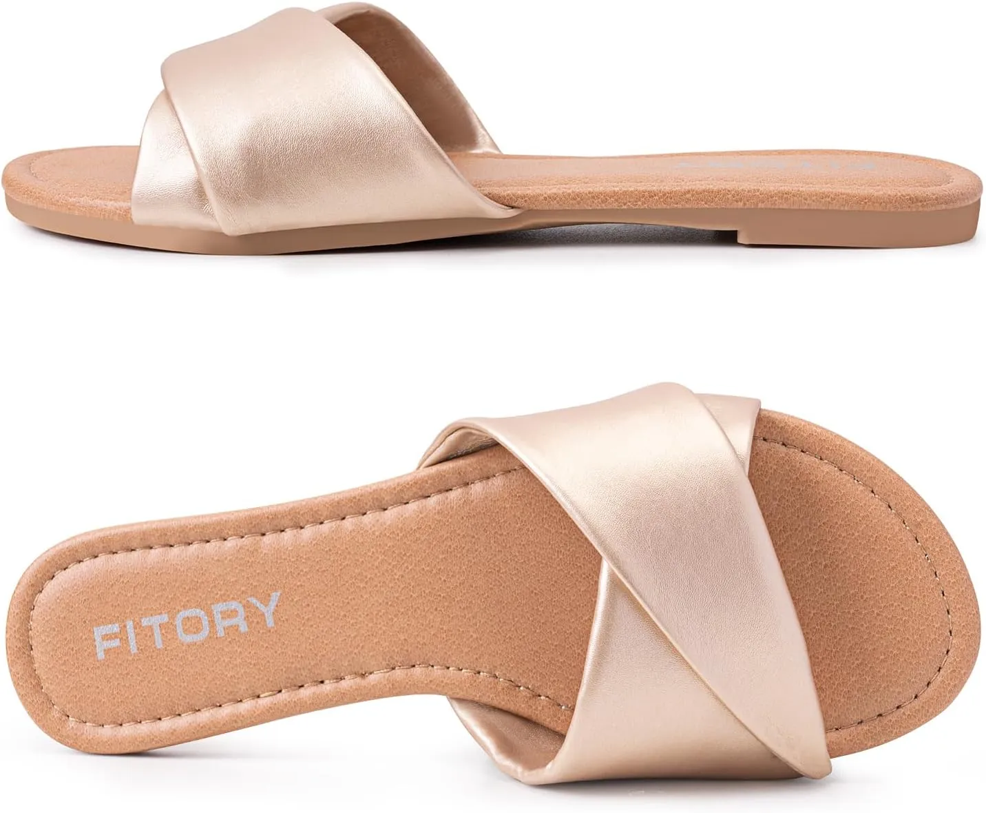 FITORY Women's Flat Sandals Fashion Slides With Soft Leather Slippers for Summer Size 6-11