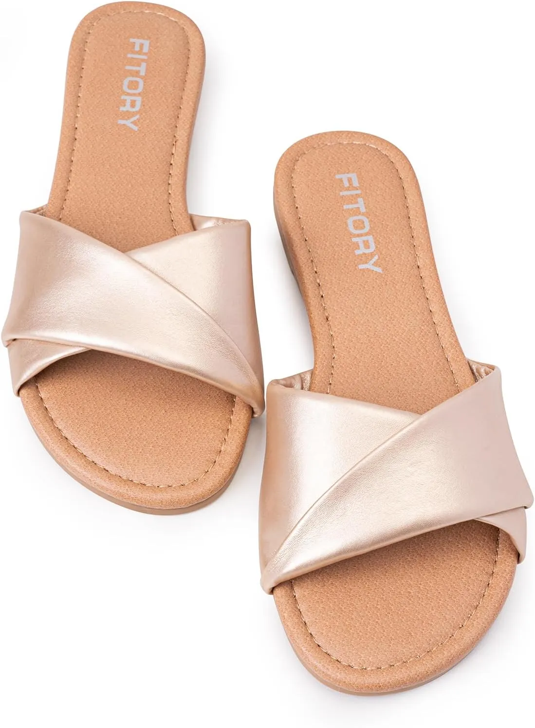 FITORY Women's Flat Sandals Fashion Slides With Soft Leather Slippers for Summer Size 6-11