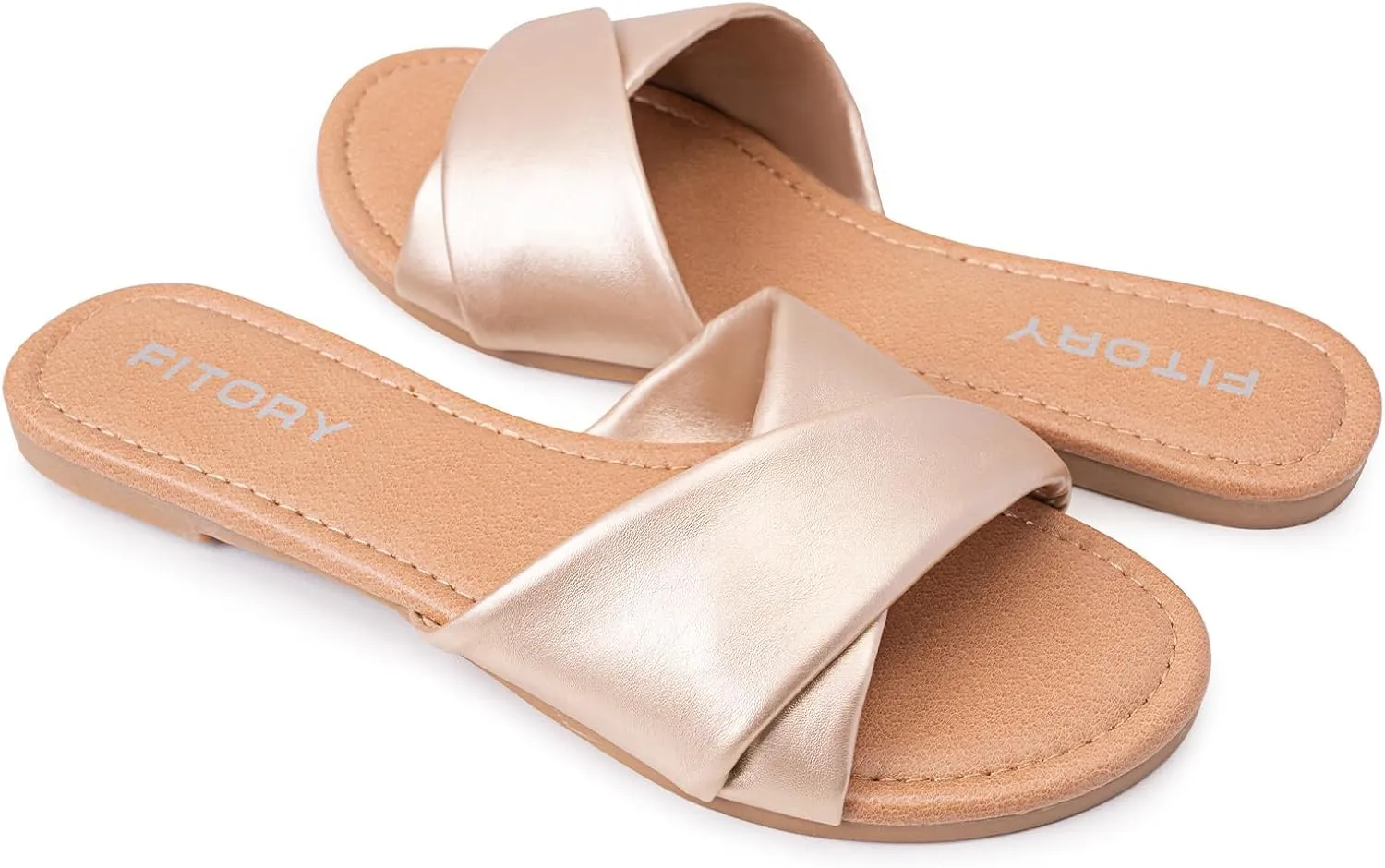 FITORY Women's Flat Sandals Fashion Slides With Soft Leather Slippers for Summer Size 6-11