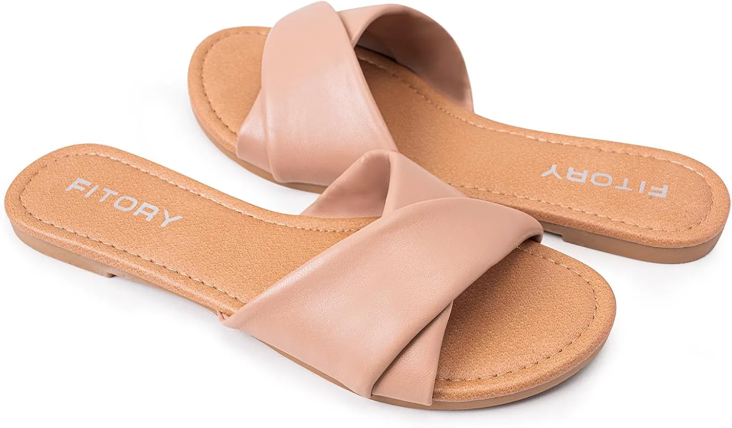 FITORY Women's Flat Sandals Fashion Slides With Soft Leather Slippers for Summer Size 6-11