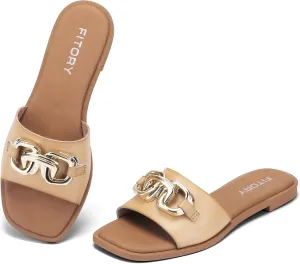 FITORY Women's Flat Sandals Fashion Slides With Soft Leather Slippers for Summer Size 6-11