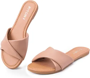 FITORY Women's Flat Sandals Fashion Slides With Soft Leather Slippers for Summer Size 6-11