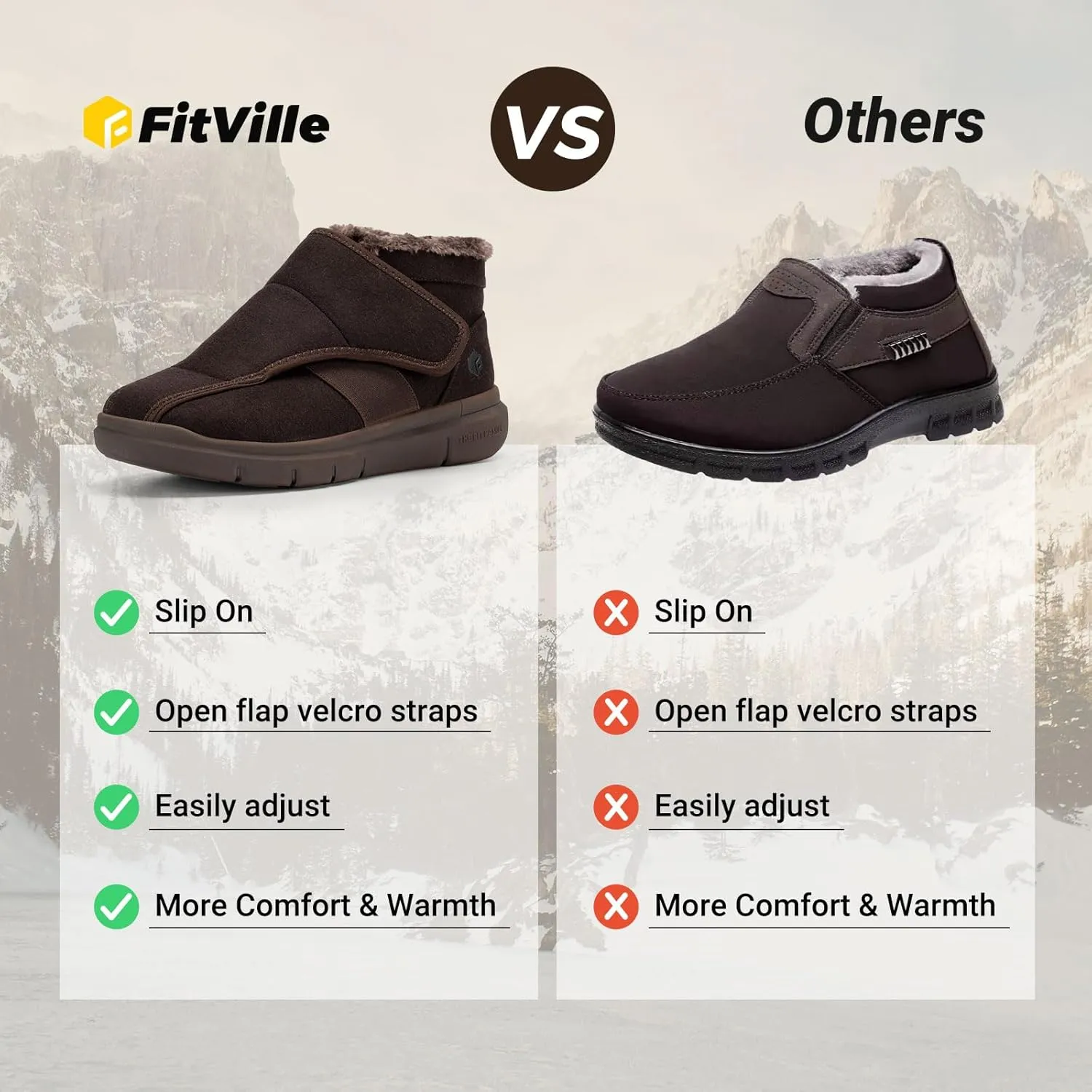 FitVille Diabetic Shoes for Men Extra Wide Width, Warm Slip-on Winter Slipper Boots with Adjustable Closures, Snow Boots for Swollen Feet, Neuropathy