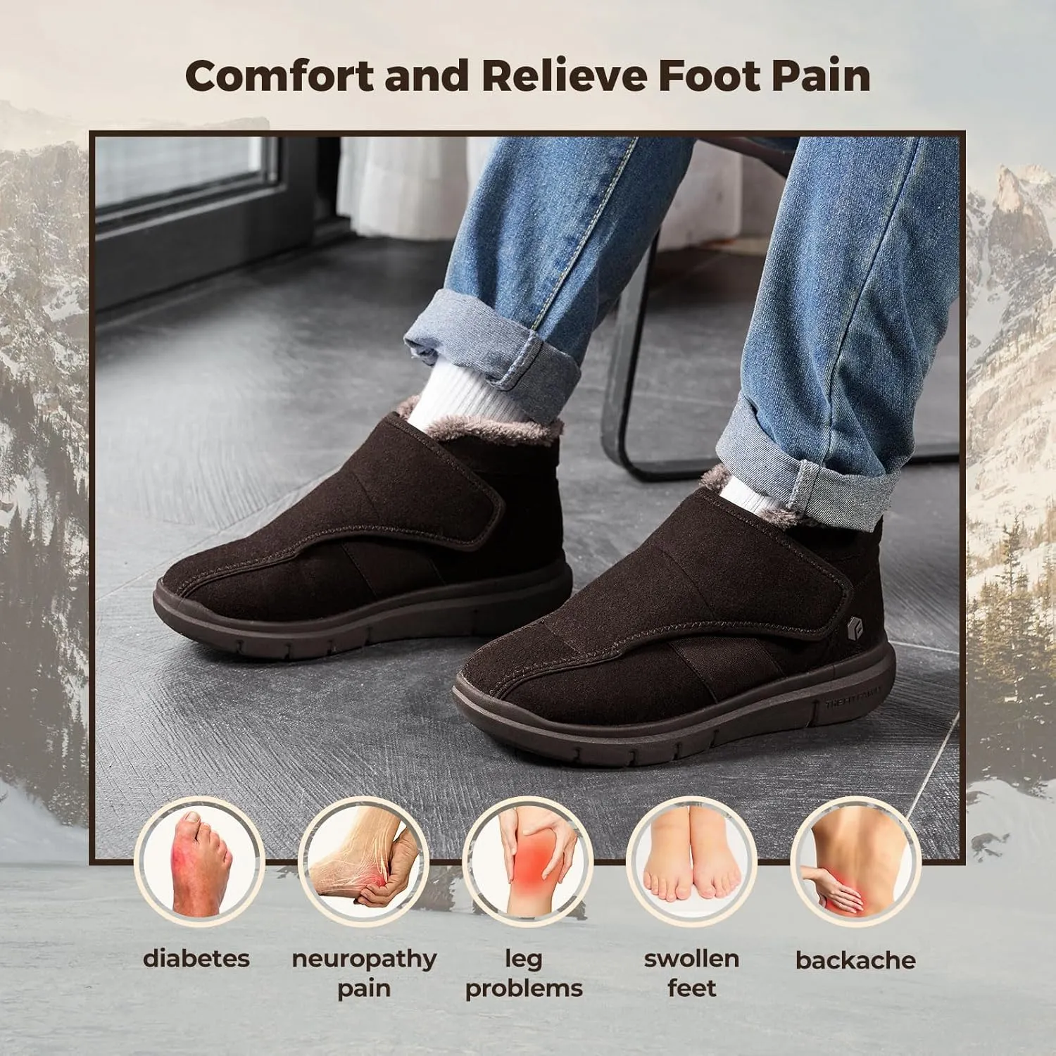 FitVille Diabetic Shoes for Men Extra Wide Width, Warm Slip-on Winter Slipper Boots with Adjustable Closures, Snow Boots for Swollen Feet, Neuropathy