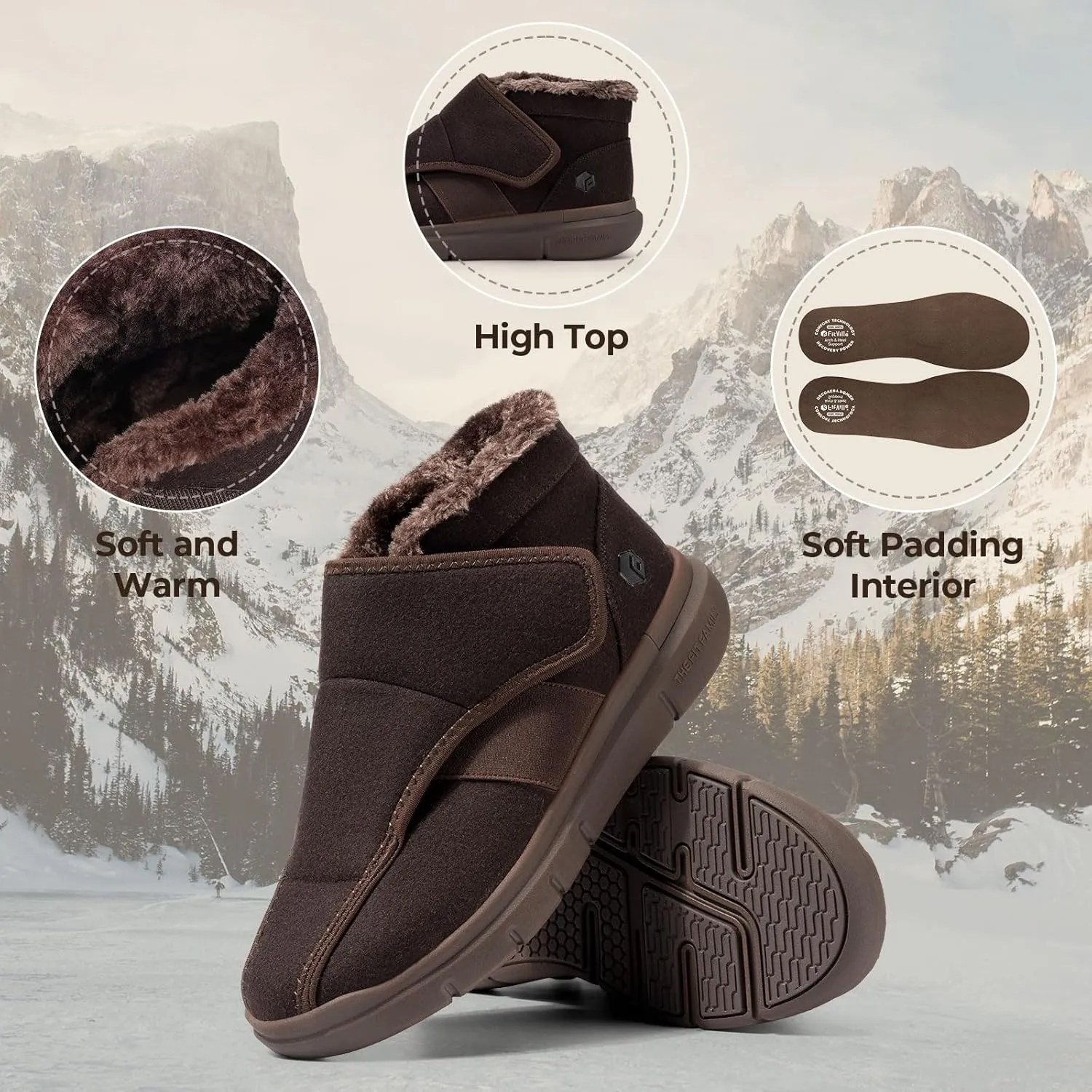 FitVille Diabetic Shoes for Men Extra Wide Width, Warm Slip-on Winter Slipper Boots with Adjustable Closures, Snow Boots for Swollen Feet, Neuropathy