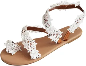 Flat Sandals for Women Dressy Women's White Flowers Lace Sandals Flat Clip Toe Boho Pearls & Floral Wedding Sandals for Bride Comfy Dress Toe Ring Roman Sandals