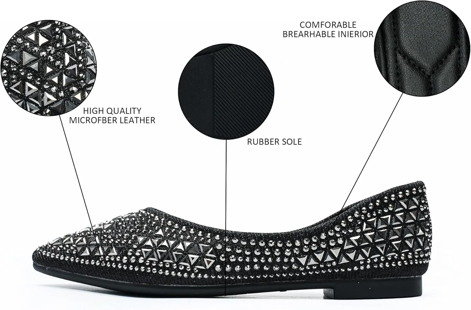 Flats Shoes Women Rhinestone Pointed Head Flats Comfortable Soft Memory Foam Insole Flat Shoes