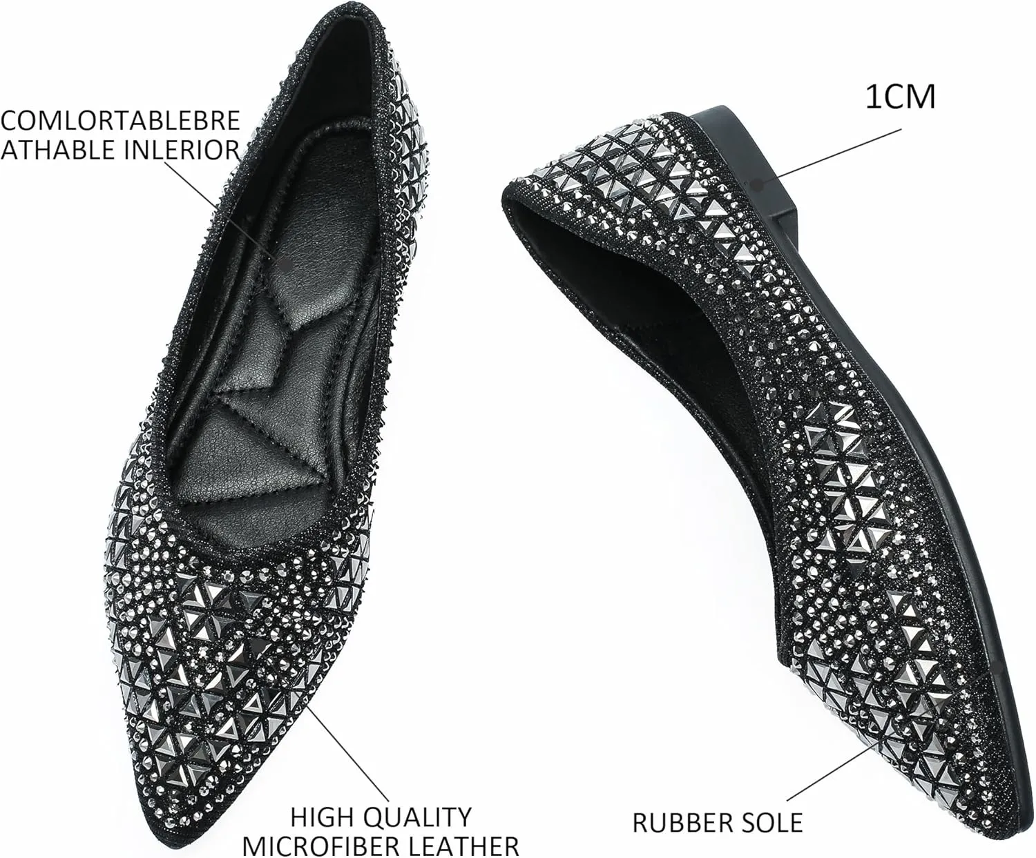 Flats Shoes Women Rhinestone Pointed Head Flats Comfortable Soft Memory Foam Insole Flat Shoes