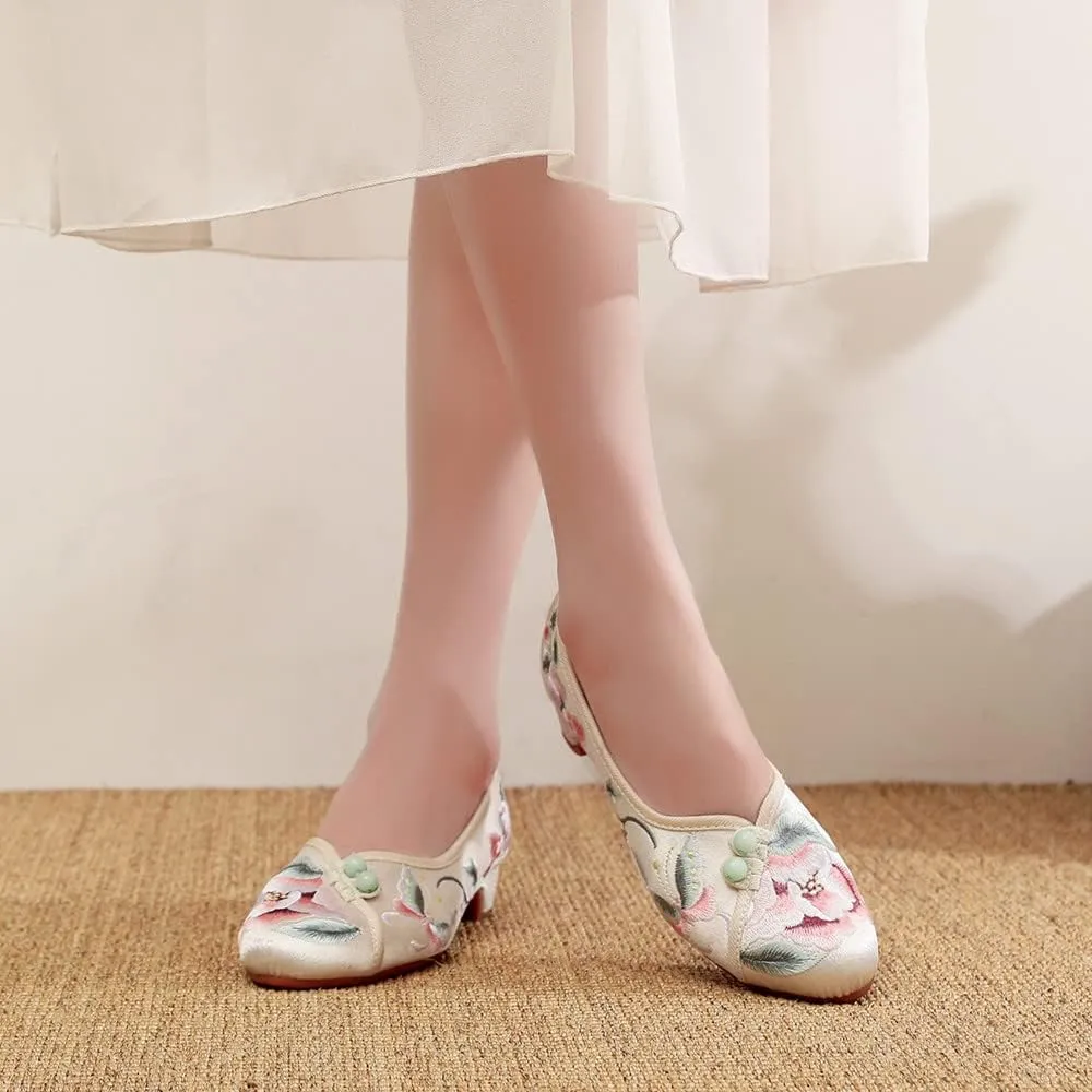 Floral Handmade Embroidered Shoes for Women Retro Classic Ballet High Heels Shoes Pointed Toe Slip On Comfortable Loafer Mary Jane Flats Cheongsam Shoes