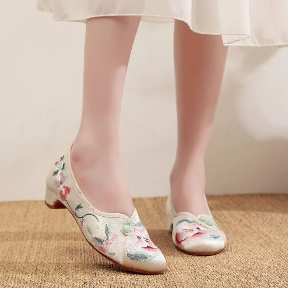 Floral Handmade Embroidered Shoes for Women Retro Classic Ballet High Heels Shoes Pointed Toe Slip On Comfortable Loafer Mary Jane Flats Cheongsam Shoes