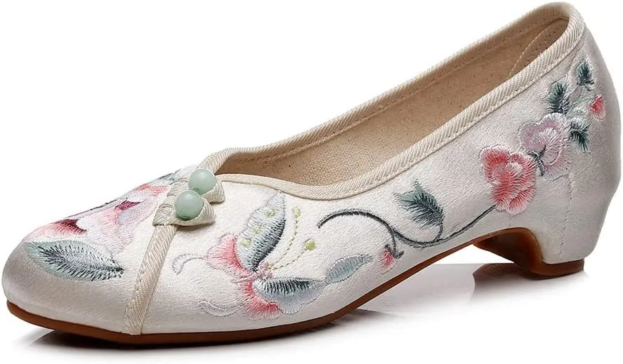 Floral Handmade Embroidered Shoes for Women Retro Classic Ballet High Heels Shoes Pointed Toe Slip On Comfortable Loafer Mary Jane Flats Cheongsam Shoes