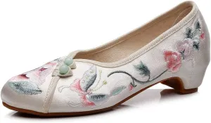 Floral Handmade Embroidered Shoes for Women Retro Classic Ballet High Heels Shoes Pointed Toe Slip On Comfortable Loafer Mary Jane Flats Cheongsam Shoes