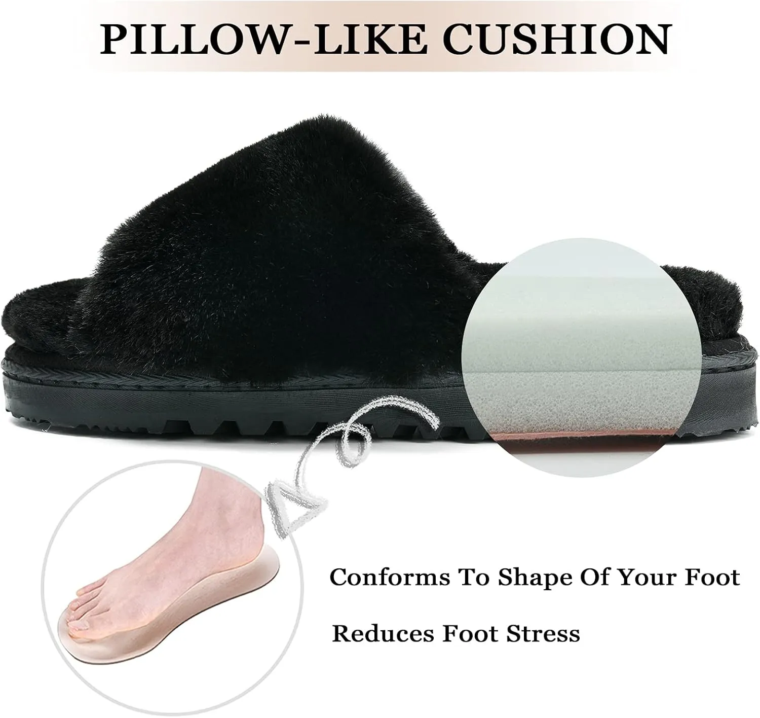 Fluffy Open Toe Slippers for Women Indoor Memory Foam, Comfy Fuzzy Womens Summer House Slippers Non-Slip, Soft Faux Fur Slip-on Woman Home Bedroom Slippers