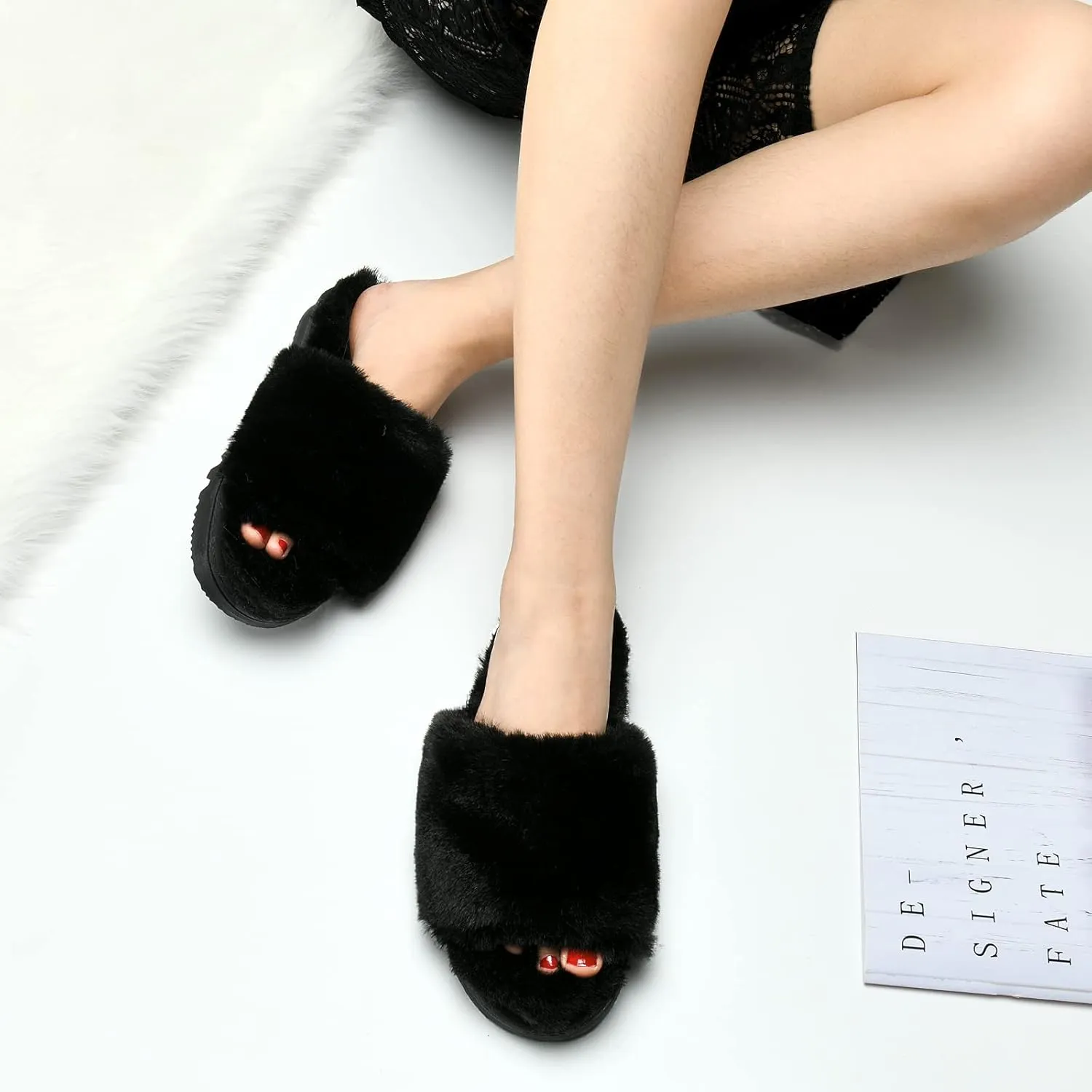 Fluffy Open Toe Slippers for Women Indoor Memory Foam, Comfy Fuzzy Womens Summer House Slippers Non-Slip, Soft Faux Fur Slip-on Woman Home Bedroom Slippers