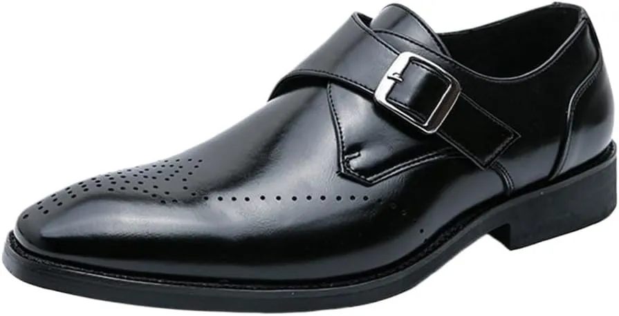 Formal Dress Shoes for Men Slip On Pointed Burnished Toe Wing tip Monk Strap PU Leather Slip Resistant Low Top Rubber Sole Anti-slip Outdoor