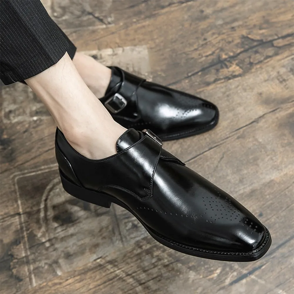 Formal Dress Shoes for Men Slip On Pointed Burnished Toe Wing tip Monk Strap PU Leather Slip Resistant Low Top Rubber Sole Anti-slip Outdoor