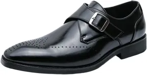 Formal Dress Shoes for Men Slip On Pointed Burnished Toe Wing tip Monk Strap PU Leather Slip Resistant Low Top Rubber Sole Anti-slip Outdoor