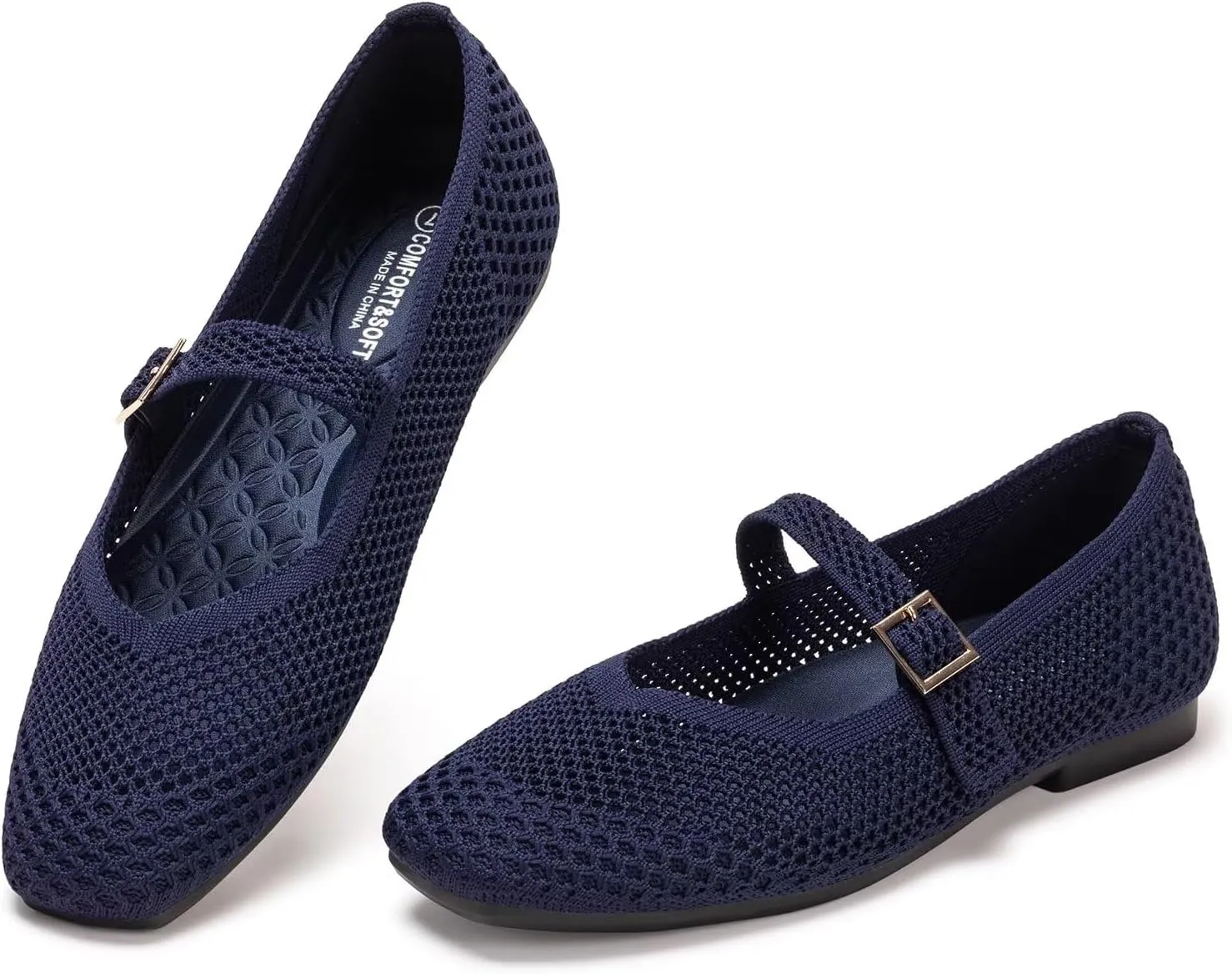Frank Mully Womens Casual Flat Shoes Square Toe Shoes Knitted Mesh Flat Comfort Work Flat Shoes for Daily Washable