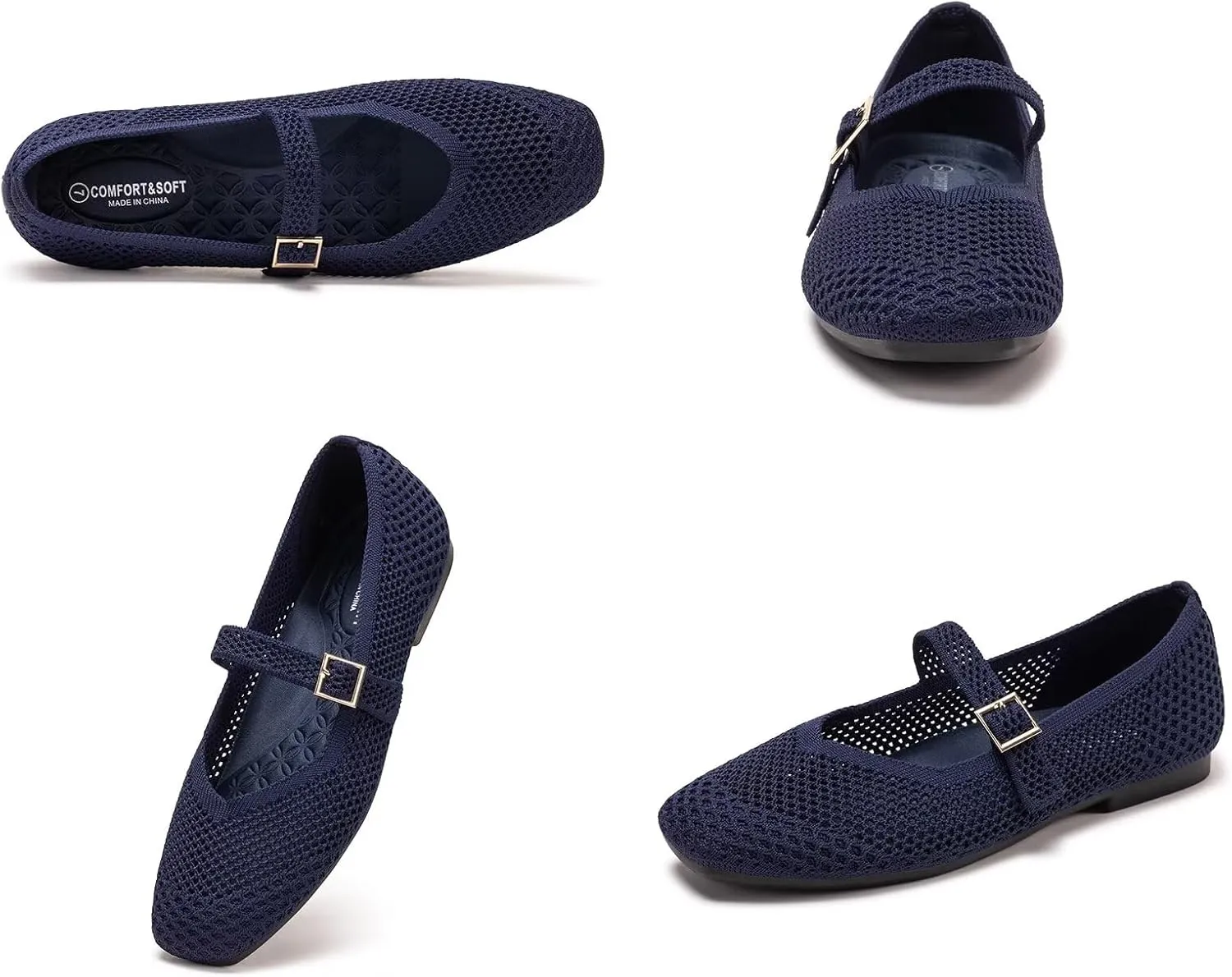 Frank Mully Womens Casual Flat Shoes Square Toe Shoes Knitted Mesh Flat Comfort Work Flat Shoes for Daily Washable