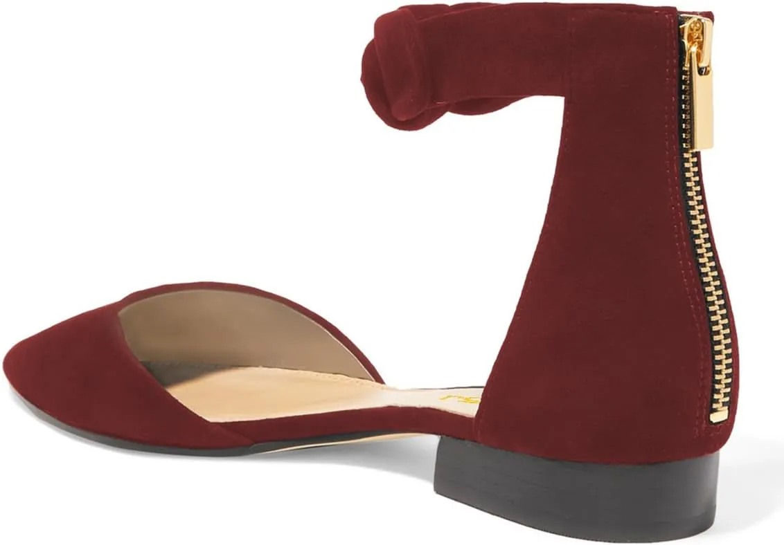 FSJ Women Classic Pointy Toe Ankle Strap D'Orsay Flats Zipper Comfortable Walking Shoes Size 4-15 US