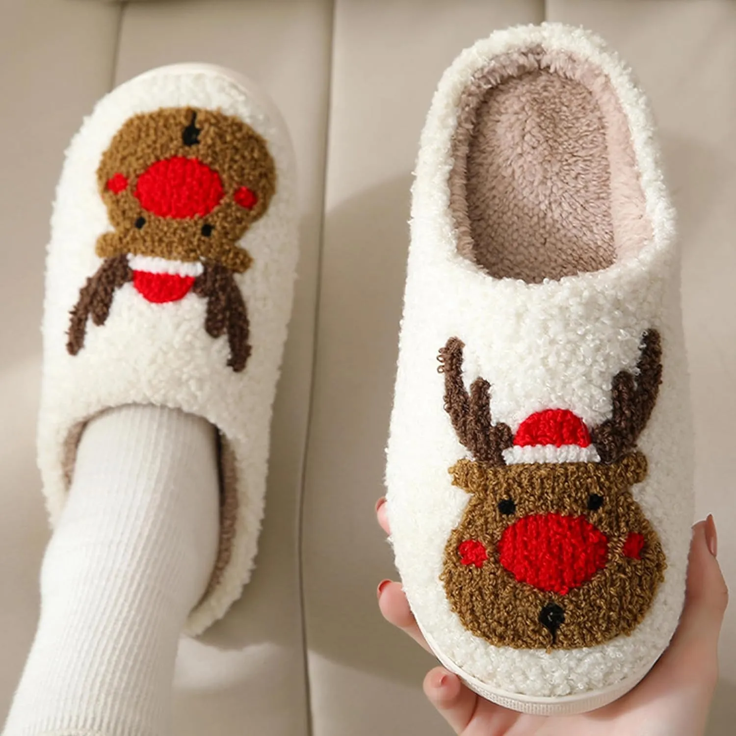 Fuzzy House Slippers for Women Smiley Face - Christmas Cozy Memory Foam Woman Slipper Indoor and Outdoor Winter Bedroom Shoes