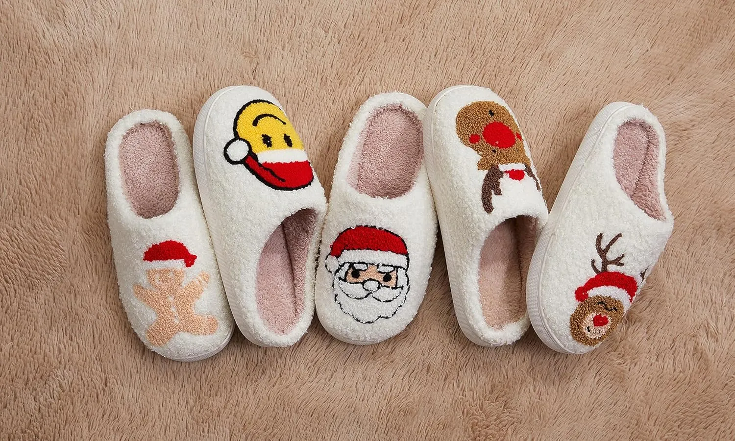Fuzzy House Slippers for Women Smiley Face - Christmas Cozy Memory Foam Woman Slipper Indoor and Outdoor Winter Bedroom Shoes