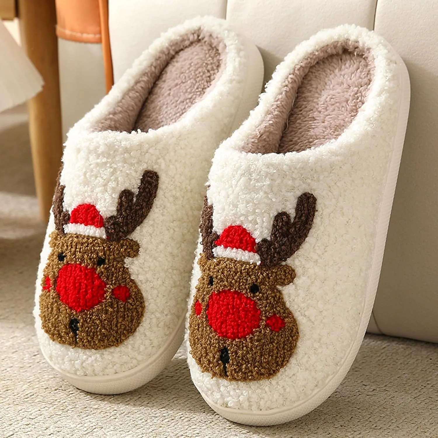 Fuzzy House Slippers for Women Smiley Face - Christmas Cozy Memory Foam Woman Slipper Indoor and Outdoor Winter Bedroom Shoes