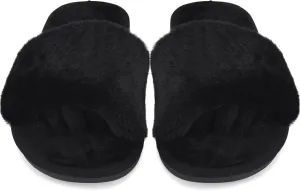 Fuzzy House Slippers for Women - Soft & Comfortable Womens Slippers with Open Toe Separators - Cute All Day Wear Casual Slip on Ladies Footwear for Indoor & Outdoor Midnight Black, 5/6
