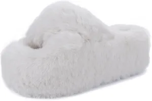 Fuzzy Slippers Women Cross Band Furry House Shoes Open Toe Bride Slippers Fluffy Slides for Girls High Heel Fur Women Sandals for Party Stylish Memory Foam Female Fuzzy Sandals