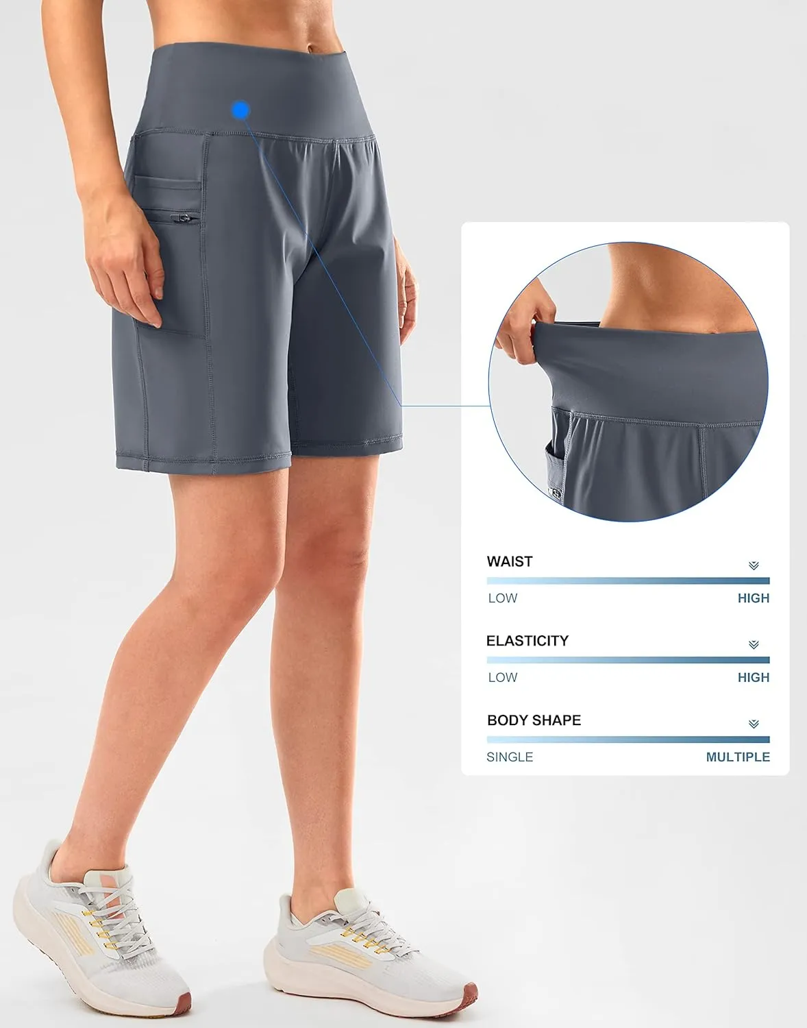 G Gradual Women's High Waisted 9" Bermuda Shorts with Zipper Pockets Athletic Workout Long Shorts for Women Knee Length