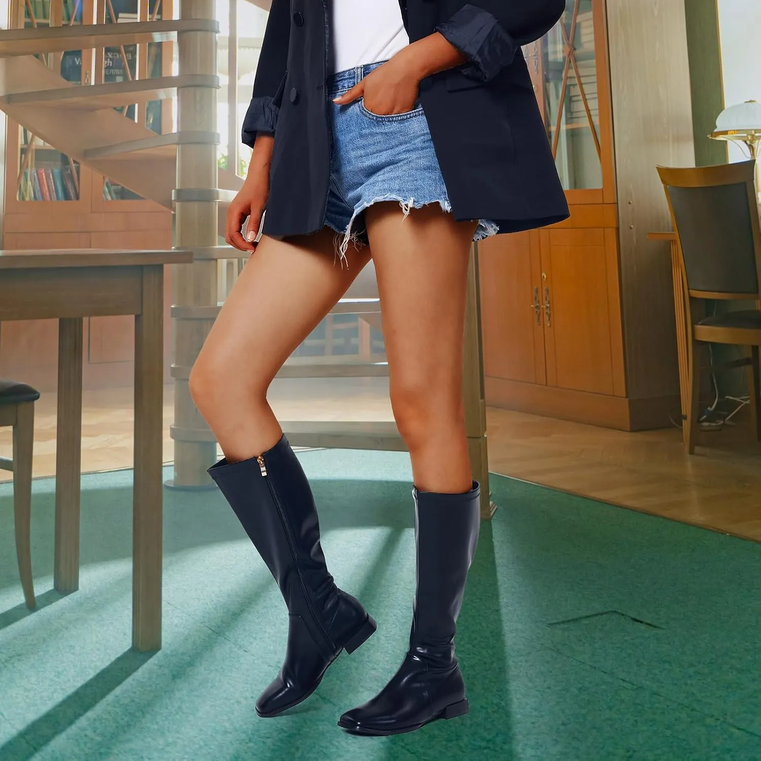 GENSHUO Knee High Boots for Women Comfy Flat Heel Vintage Square Toe Fall Winter Solid Side Zipper Costume Knight Booties