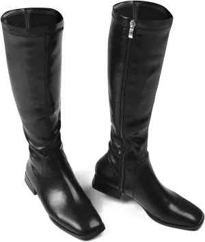 GENSHUO Knee High Boots for Women Comfy Flat Heel Vintage Square Toe Fall Winter Solid Side Zipper Costume Knight Booties