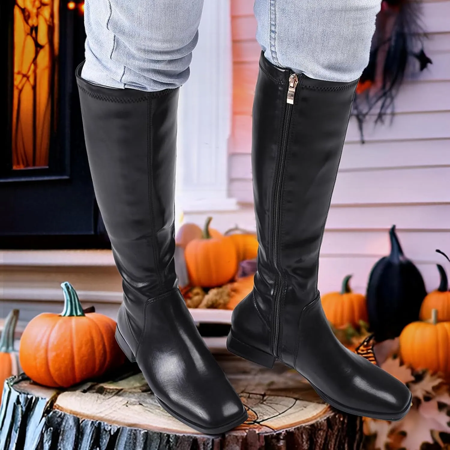 GENSHUO Knee High Boots for Women Comfy Flat Heel Vintage Square Toe Fall Winter Solid Side Zipper Costume Knight Booties