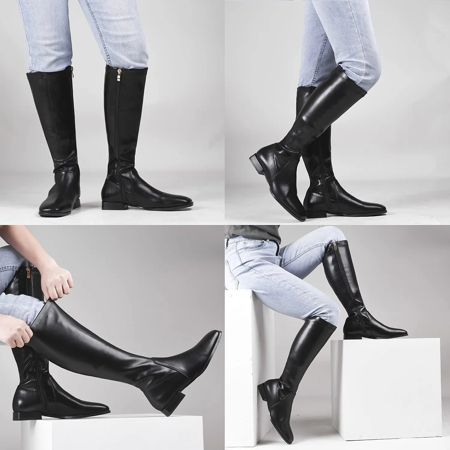 GENSHUO Knee High Boots for Women Comfy Flat Heel Vintage Square Toe Fall Winter Solid Side Zipper Costume Knight Booties