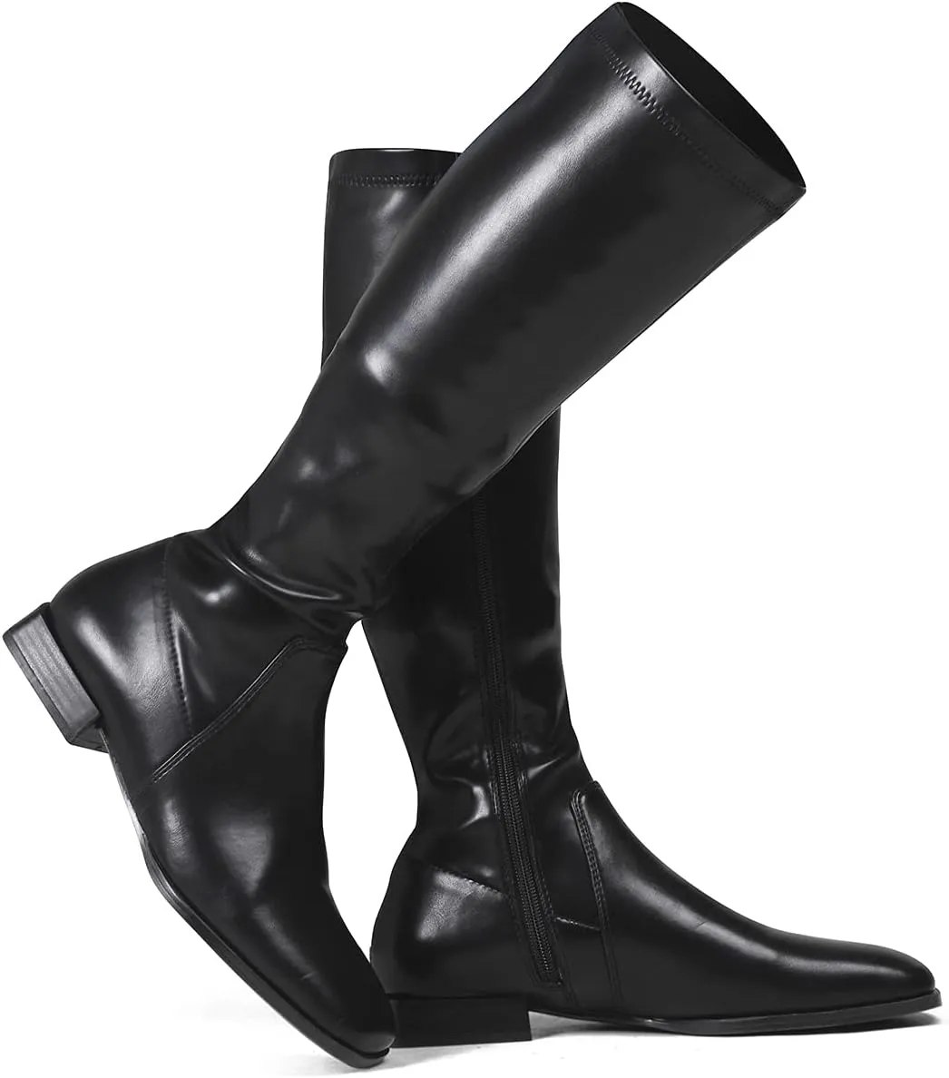 GENSHUO Knee High Boots for Women Comfy Flat Heel Vintage Square Toe Fall Winter Solid Side Zipper Costume Knight Booties