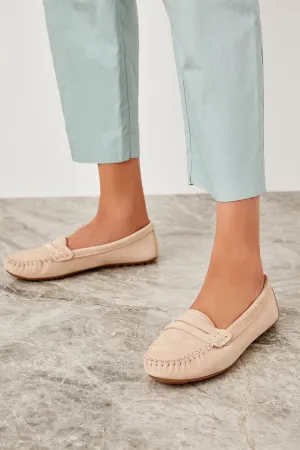 Genuine Leather Beige Women 'S Loafer Shoes