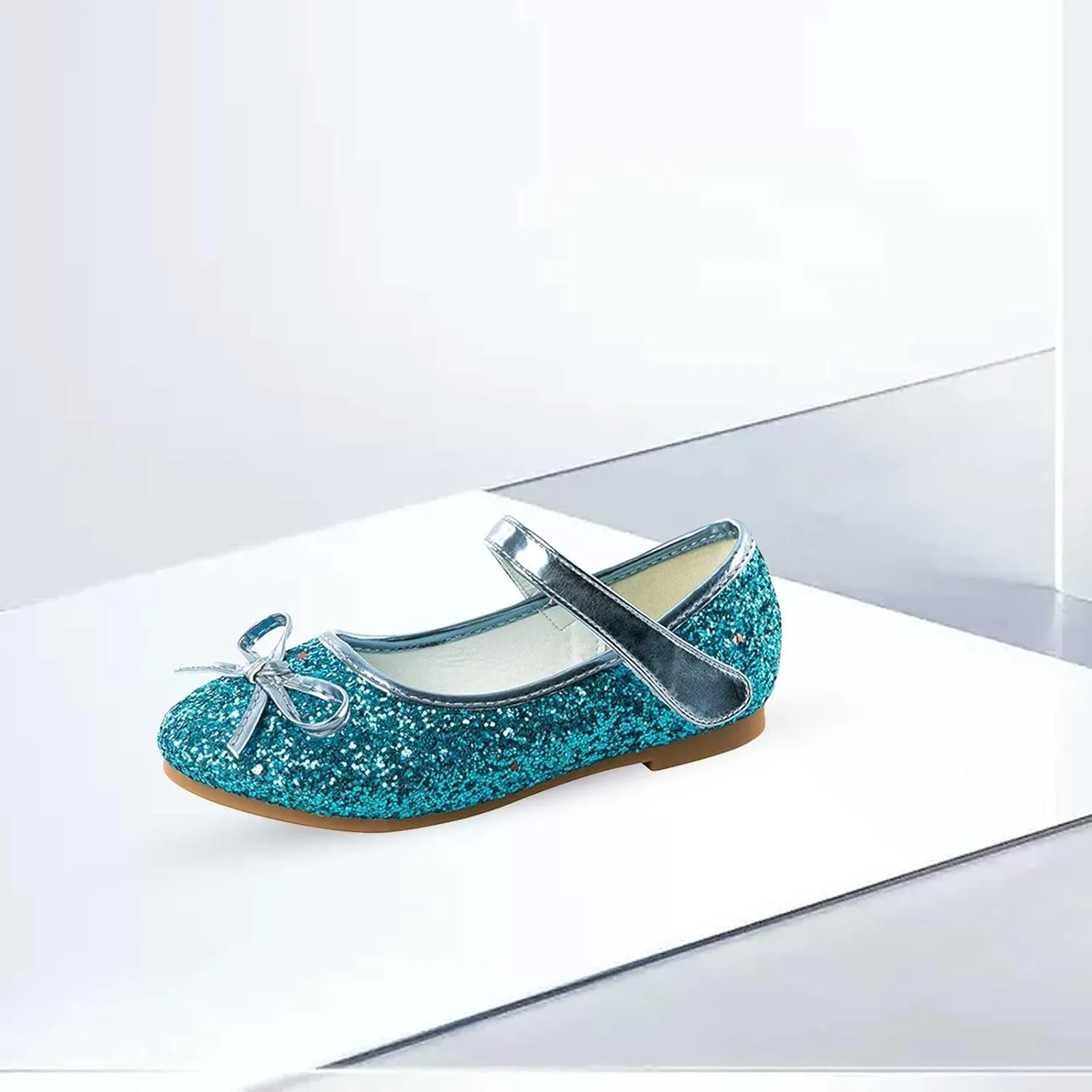 Girl Mary Jane Dress Shoes Glitter Flat Shoes Bowknot Sequin Shoe Bow Wedding Sandals High Heels Shiny Sandals
