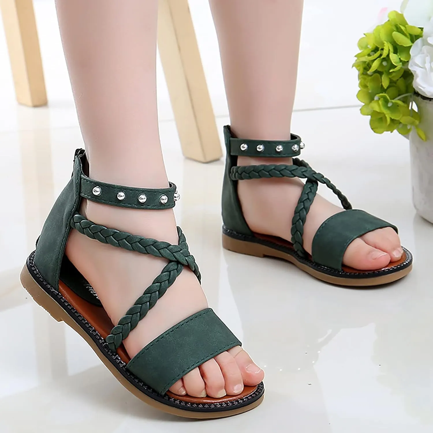 Girls Kids Leather Gl𝐚diator Sandals Ankle Open Toe X-Strap Flat Shoes Summer Casual Rubber Sole Non Slip Shoes Comfy