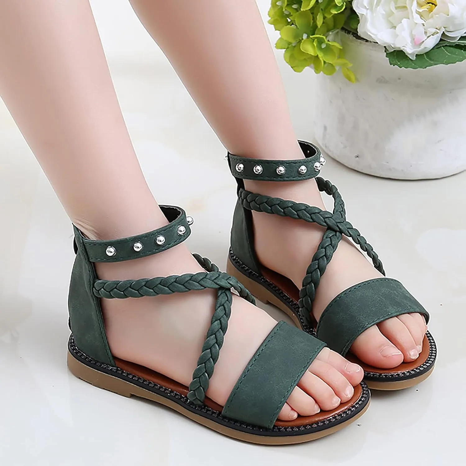 Girls Kids Leather Gl𝐚diator Sandals Ankle Open Toe X-Strap Flat Shoes Summer Casual Rubber Sole Non Slip Shoes Comfy