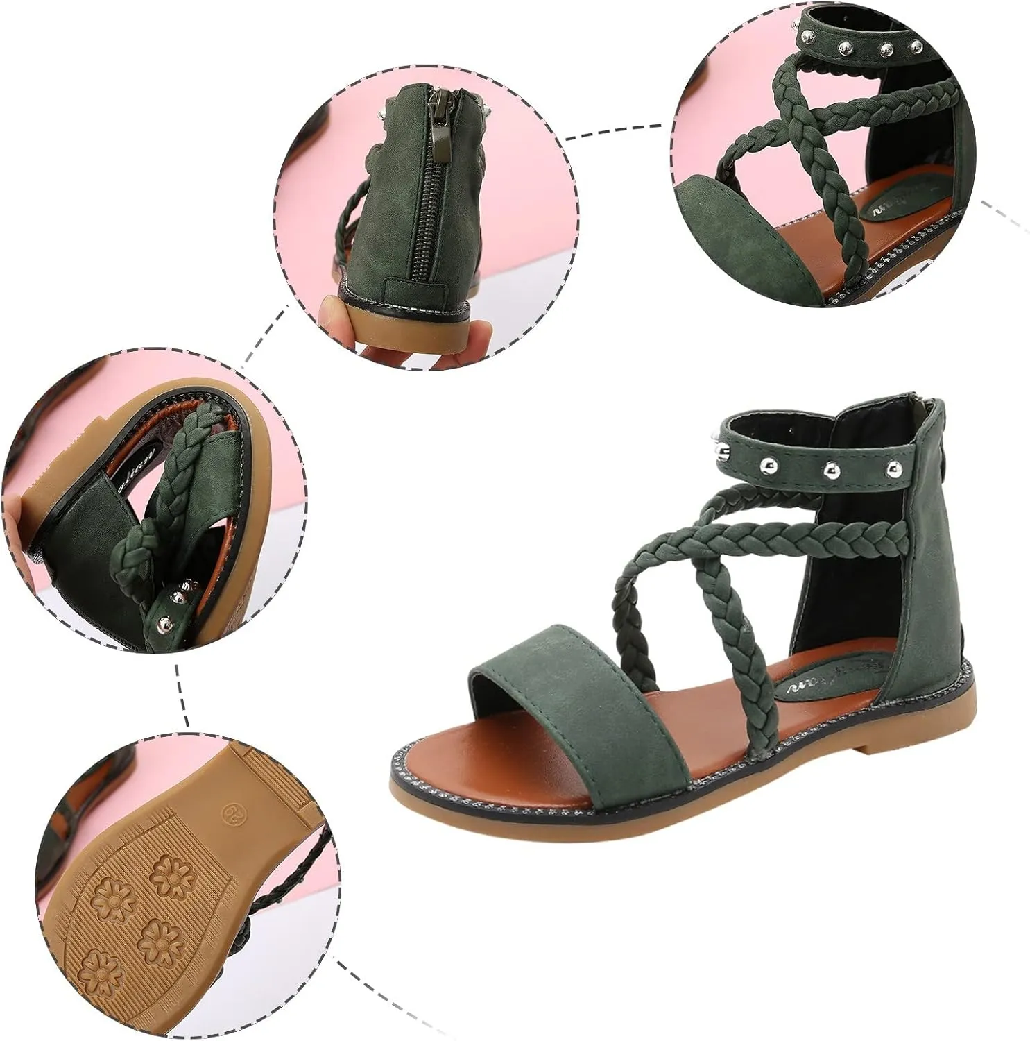 Girls Kids Leather Gl𝐚diator Sandals Ankle Open Toe X-Strap Flat Shoes Summer Casual Rubber Sole Non Slip Shoes Comfy