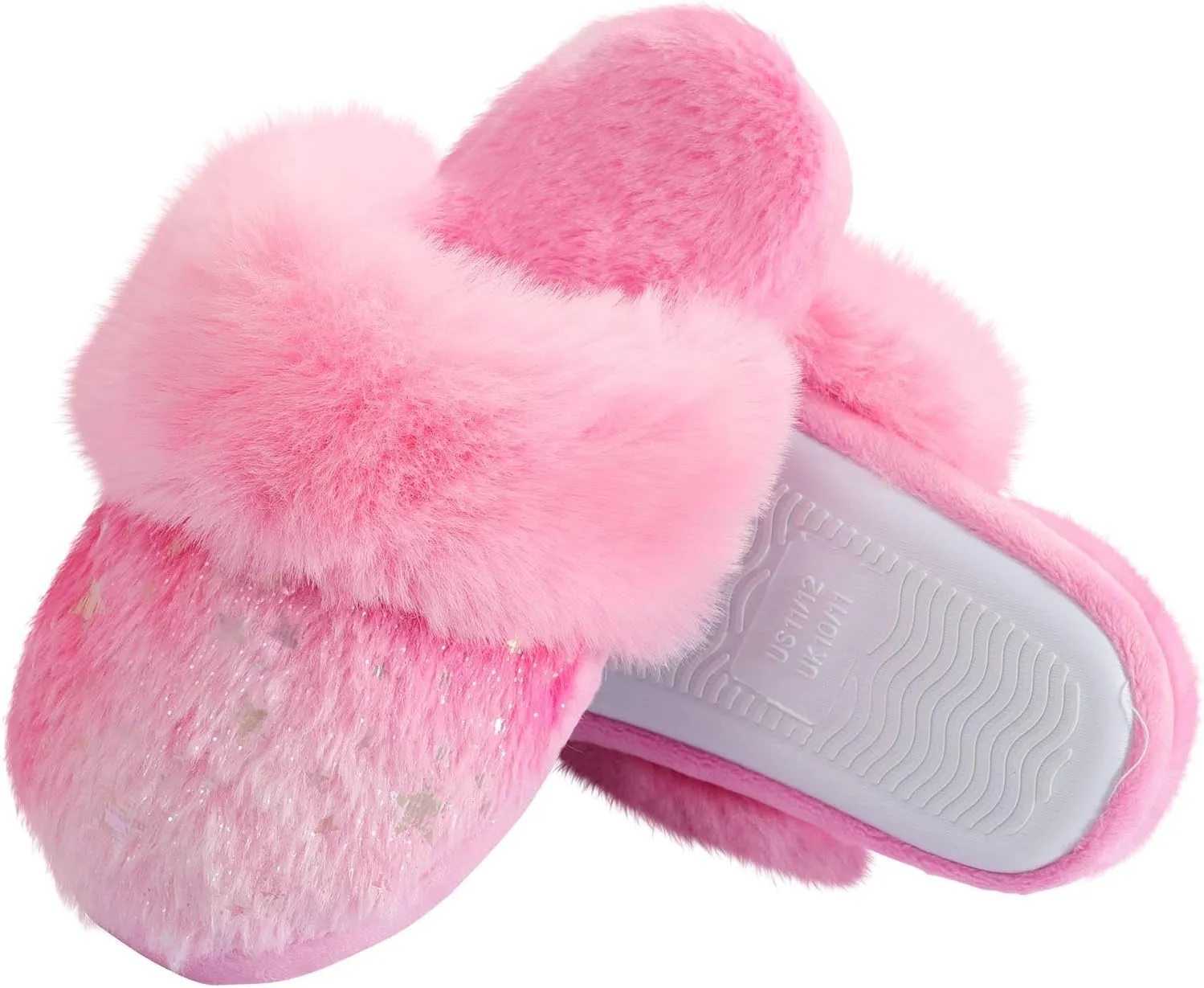 Girls Plush House Slippers Fluffy Multicolor Mermaid Slippers, Cute Faux Fur Slip-on Shoes Memory Foam House Slipper
