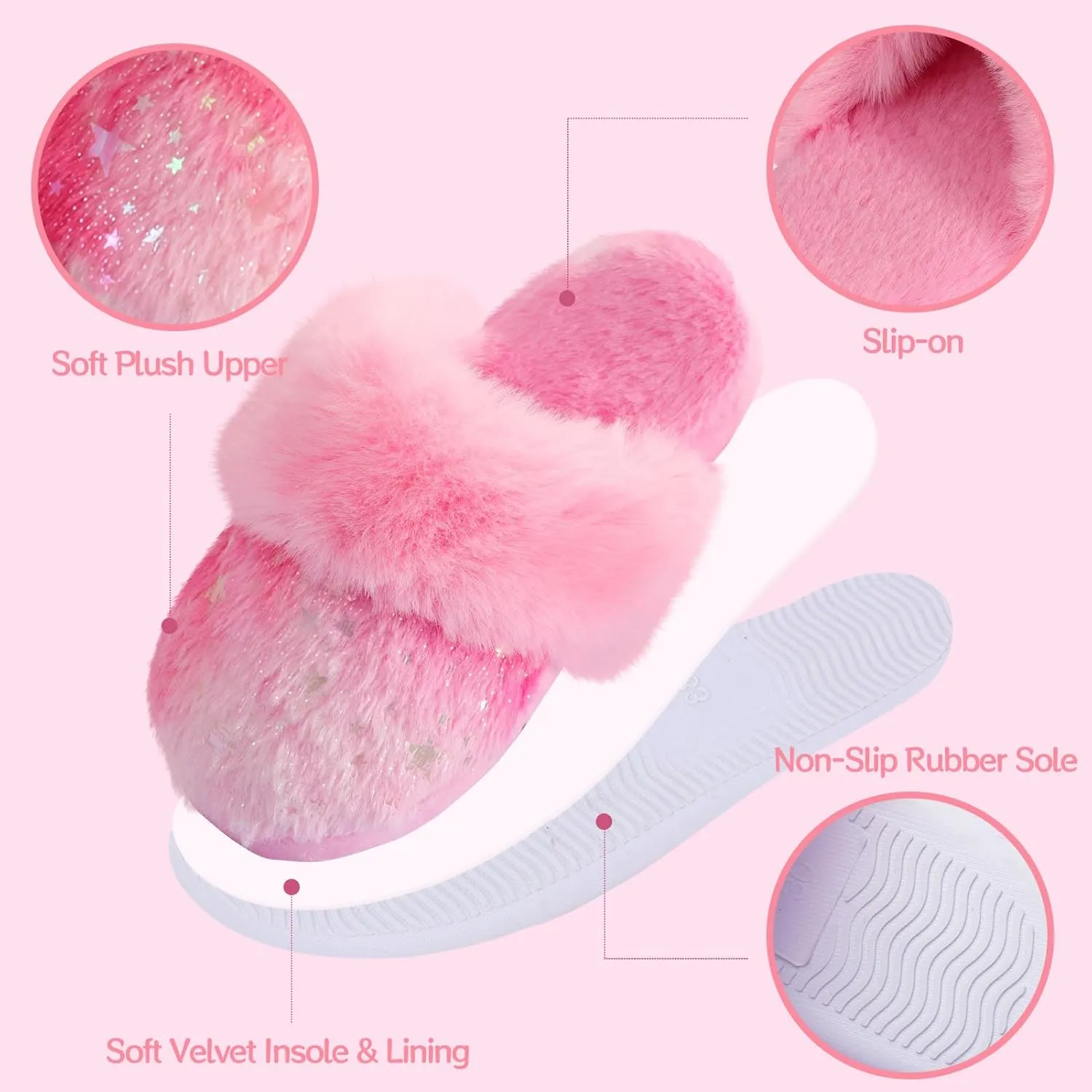 Girls Plush House Slippers Fluffy Multicolor Mermaid Slippers, Cute Faux Fur Slip-on Shoes Memory Foam House Slipper