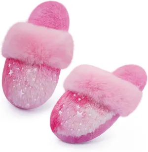 Girls Plush House Slippers Fluffy Multicolor Mermaid Slippers, Cute Faux Fur Slip-on Shoes Memory Foam House Slipper