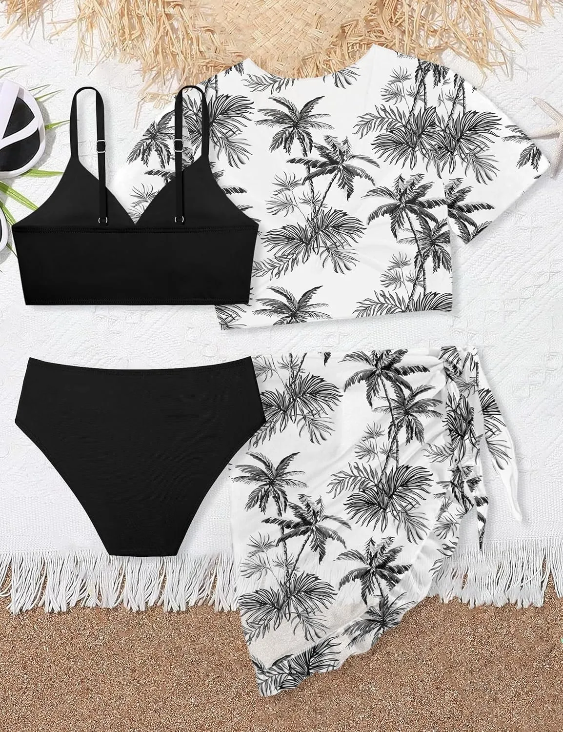 Girls Swimsuit 4 Piece Tropical Print Bikini Set Twist Criss Cross Bathing Suit with Kimono and Cover Up 9-16Y