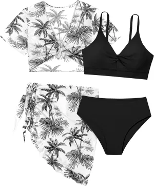 Girls Swimsuit 4 Piece Tropical Print Bikini Set Twist Criss Cross Bathing Suit with Kimono and Cover Up 9-16Y