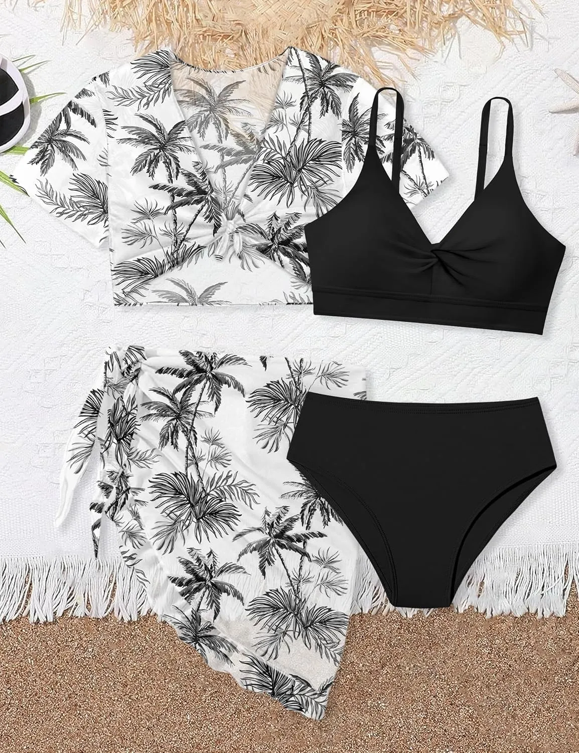 Girls Swimsuit 4 Piece Tropical Print Bikini Set Twist Criss Cross Bathing Suit with Kimono and Cover Up 9-16Y