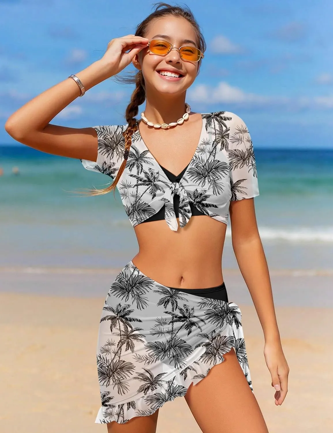 Girls Swimsuit 4 Piece Tropical Print Bikini Set Twist Criss Cross Bathing Suit with Kimono and Cover Up 9-16Y