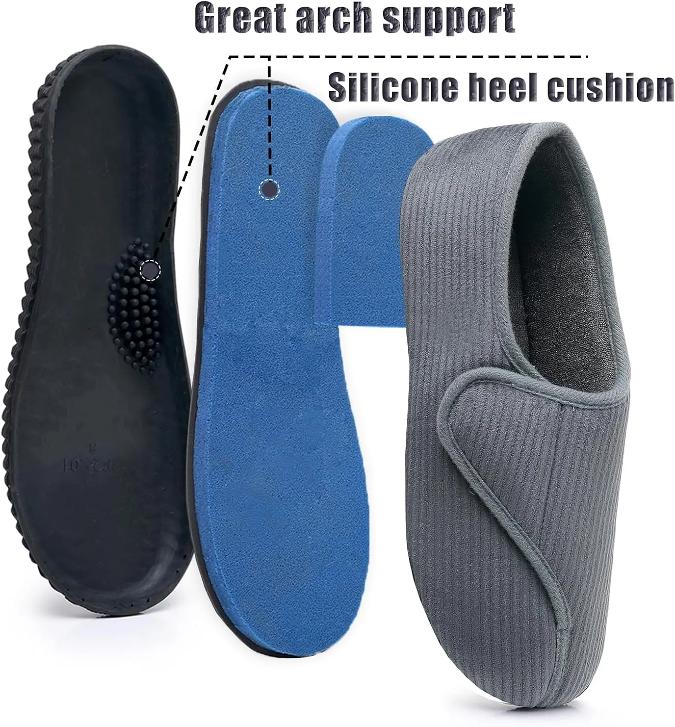 Git-up Men Memory Foam Diabetic Slippers Adjustable Arthritis Edema Swollen Feet Wide House Shoes Comfy Soft Non-Slip Plus Size Indoor Outdoor Slipper