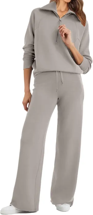 Glamaker Womens 2 Piece Outfits Sweatsuit Set Oversized Half Zip Sweatshirt Wide Leg Sweatpants Lounge Set Tracksuit